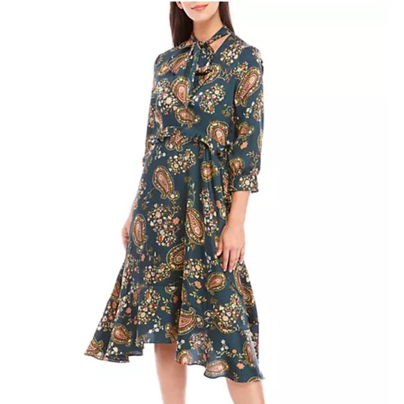julia jordan Dresses & Skirts - NWT Julia Jordan Long Sleeve Tie Neck Printed Chiffon Dress Green JJ37676 14